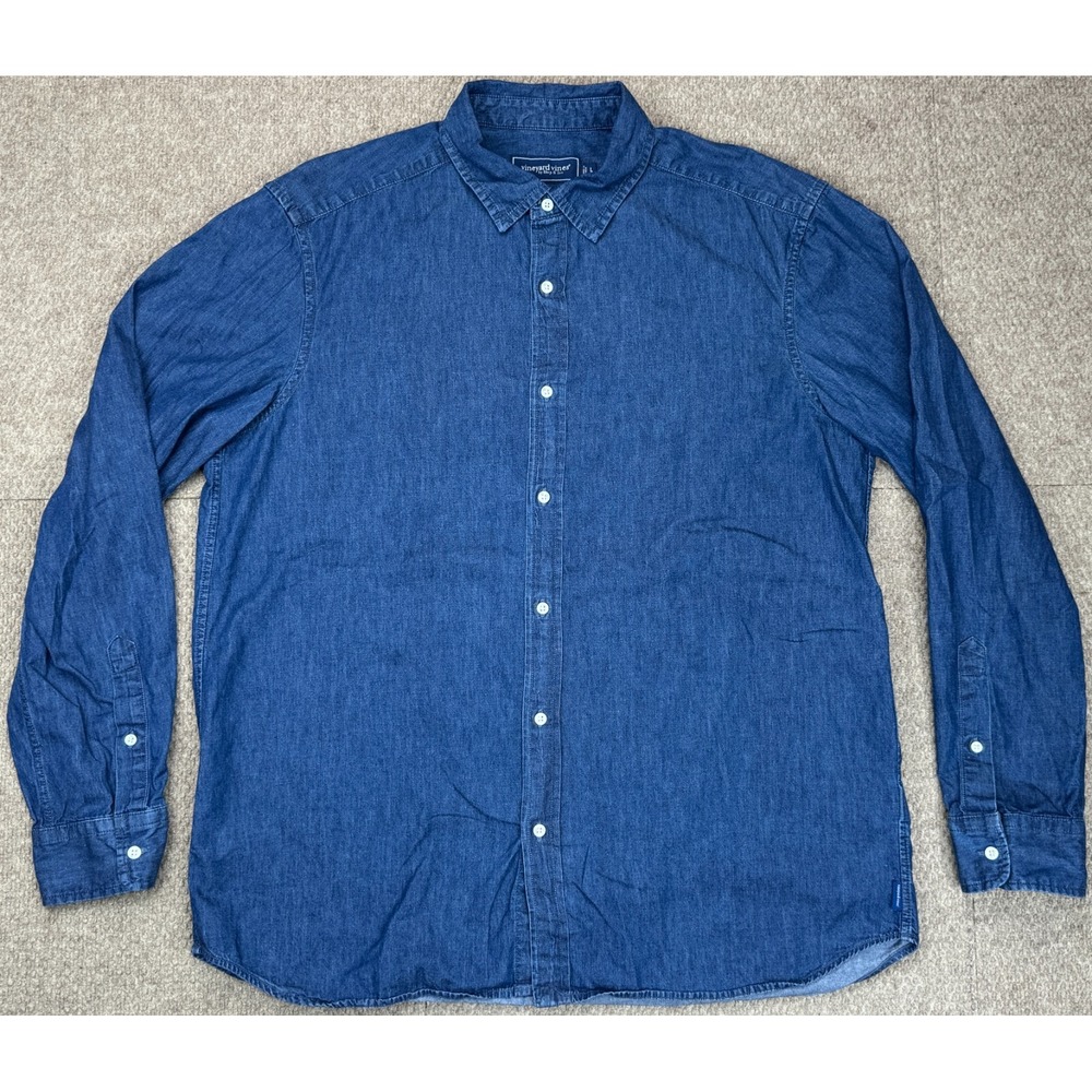 Vineyard Vines by Shep & Ian Deep Blue Button Up Light Denim Men's Shirt Size L